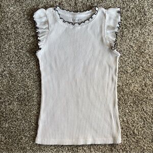 LOFT Ribbed Ruffle Trim Tank Top White Black Lettuce Edge Sleeveless Women’s S
